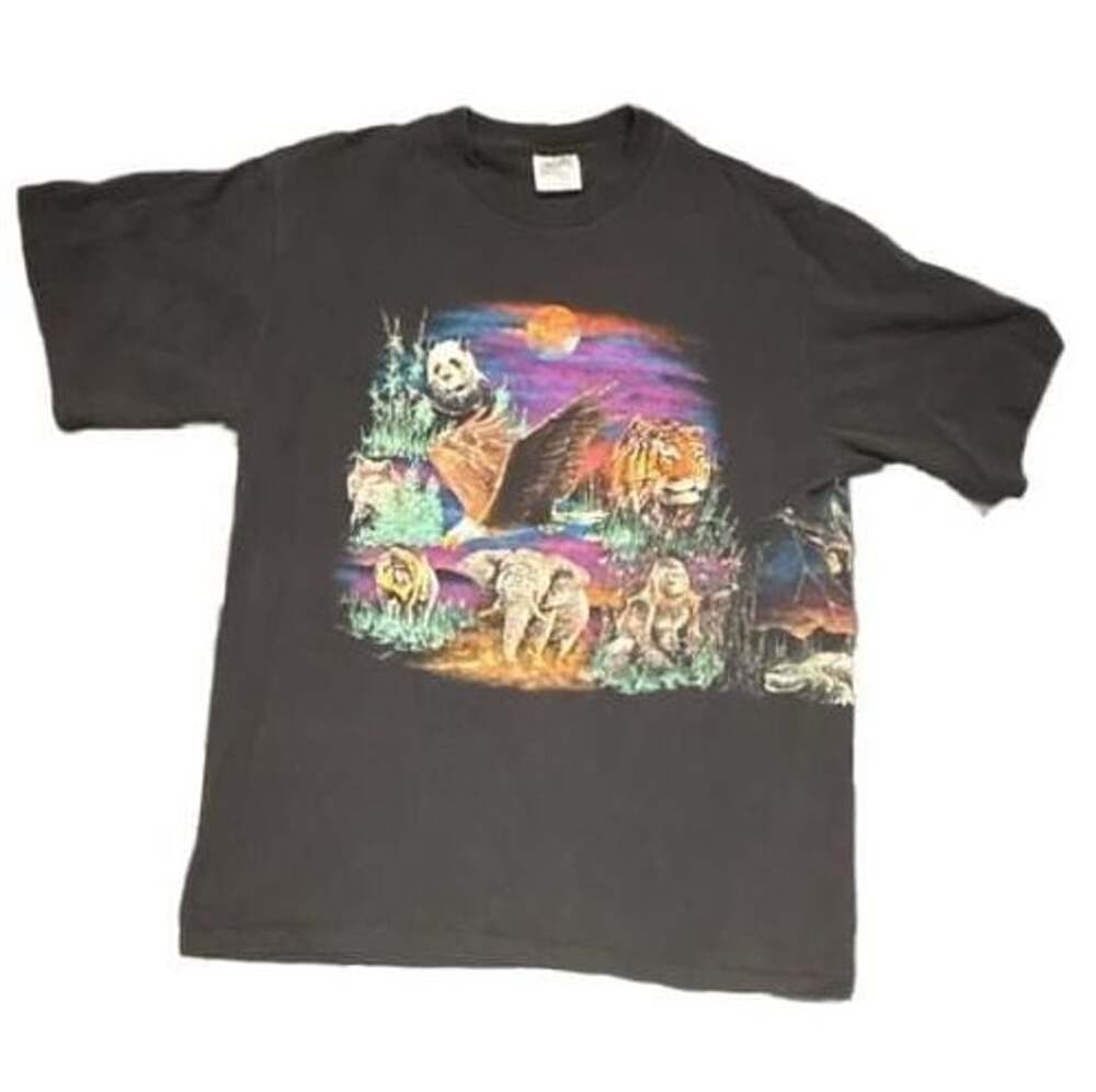 Hazelwoods Vintage Wildlife Animals T-Shirt Size XL Black USA Made